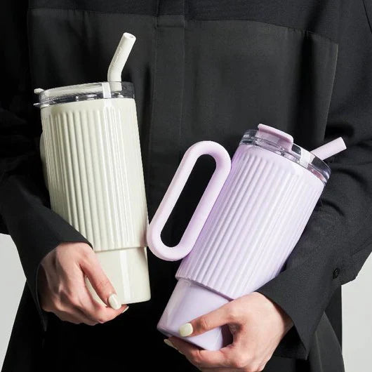 Aqua Ridge Ribbed Tumbler With Straw